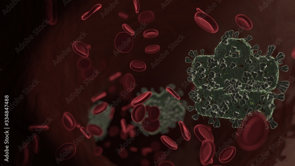 Poster microscopic 3d rendering view of virus shaped as symbol of briefcase inside vein with red blood cell