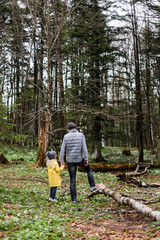 dad and daughter are walking in the forest