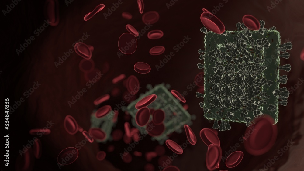 Poster microscopic 3d rendering view of virus shaped as symbol of calculator inside vein with red blood cel