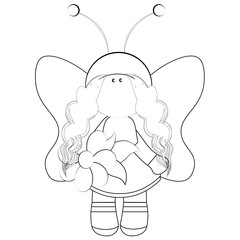 Fairy with wings in a magnificent dress and with a flower in her hand - black and white, outline