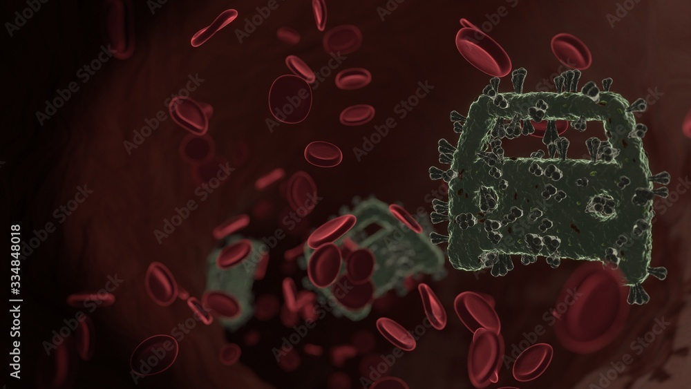 Poster microscopic 3d rendering view of virus shaped as symbol of car inside vein with red blood cells