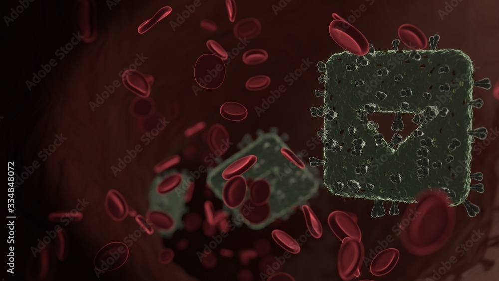 Poster microscopic 3d rendering view of virus shaped as symbol of caret square down inside vein with red bl