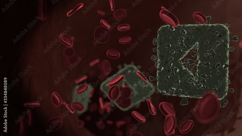 Aufkleber microscopic 3d rendering view of virus shaped as symbol of caret square left inside vein with red bl