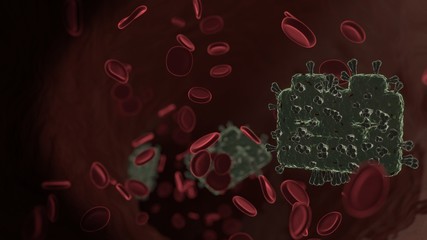 microscopic 3D rendering view of virus shaped as symbol of car battery inside vein with red blood cells