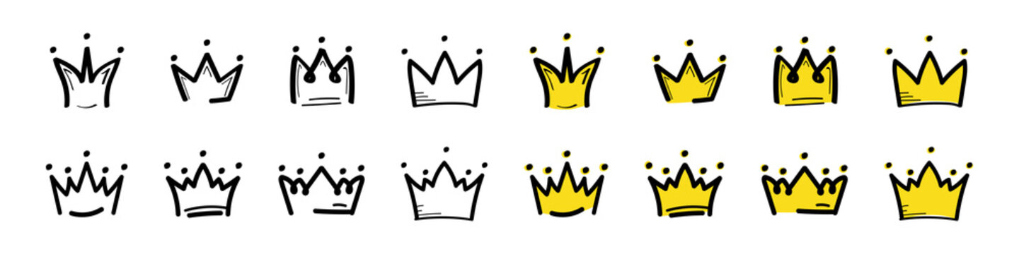 Gold crown icon. Big collection quality crowns. Linear crown. Royal Crown icons collection set. Vector illustration