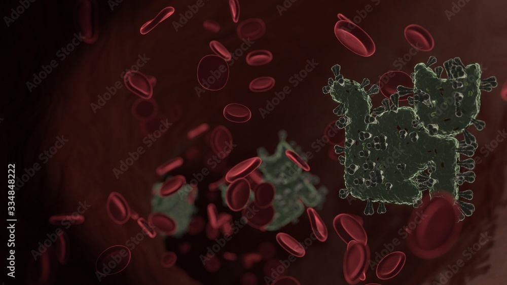 Poster microscopic 3d rendering view of virus shaped as symbol of cat inside vein with red blood cells