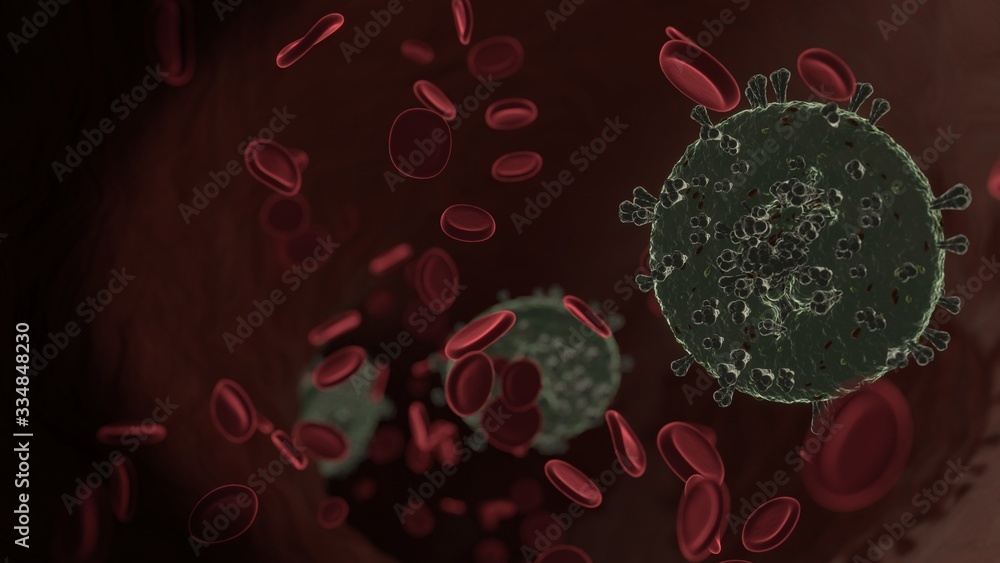 Poster microscopic 3d rendering view of virus shaped as symbol of cent inside vein with red blood cells