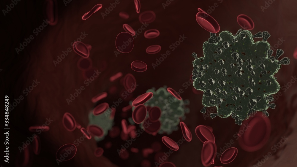 Poster microscopic 3d rendering view of virus shaped as symbol of certificate badge inside vein with red bl