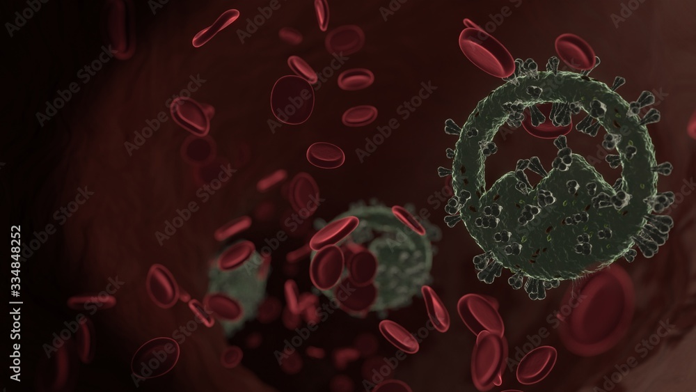 Poster microscopic 3d rendering view of virus shaped as symbol of circle mountain inside vein with red bloo