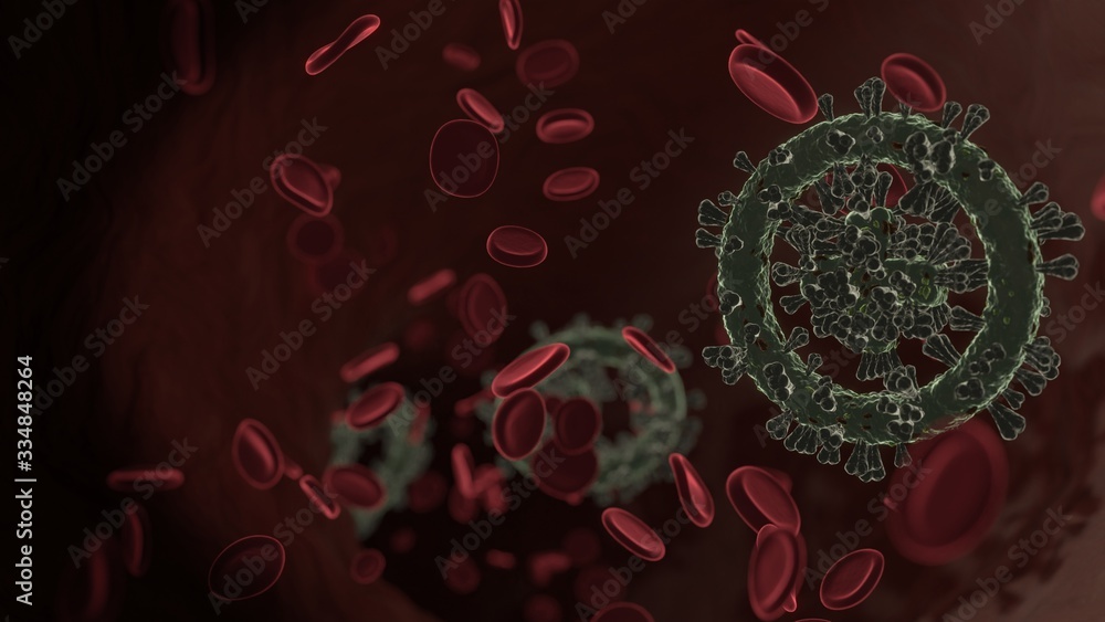 Poster microscopic 3d rendering view of virus shaped as symbol of circle with plus inside vein with red blo