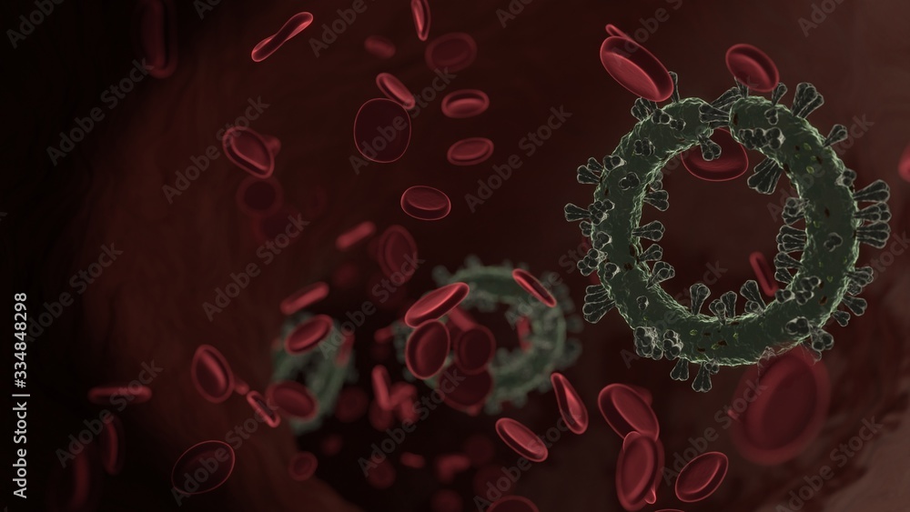 Poster microscopic 3d rendering view of virus shaped as symbol of circle notch inside vein with red blood c