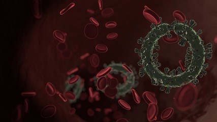 microscopic 3D rendering view of virus shaped as symbol of circle notch inside vein with red blood cells