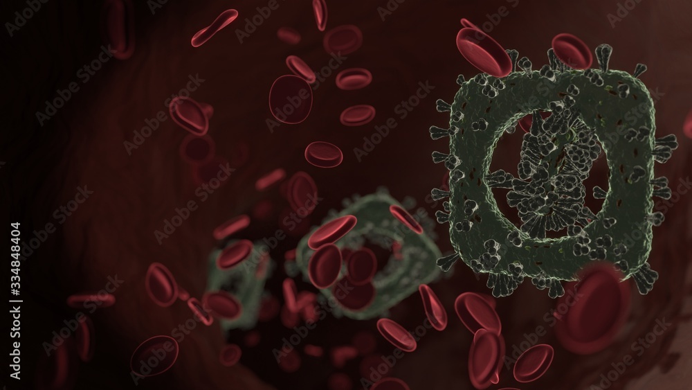 Poster microscopic 3d rendering view of virus shaped as symbol of alarm clock inside vein with red blood ce
