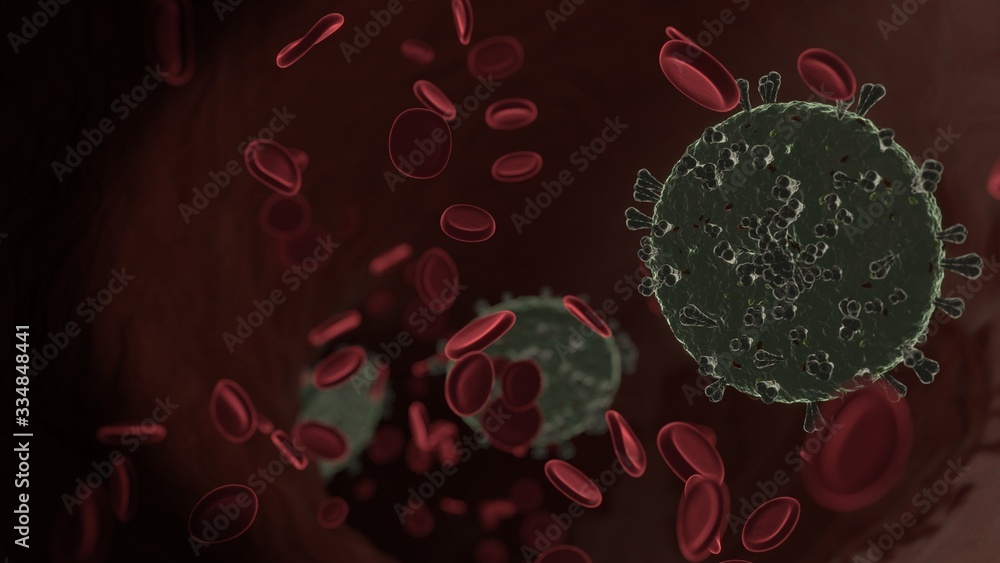 Poster microscopic 3d rendering view of virus shaped as symbol of clock inside vein with red blood cells