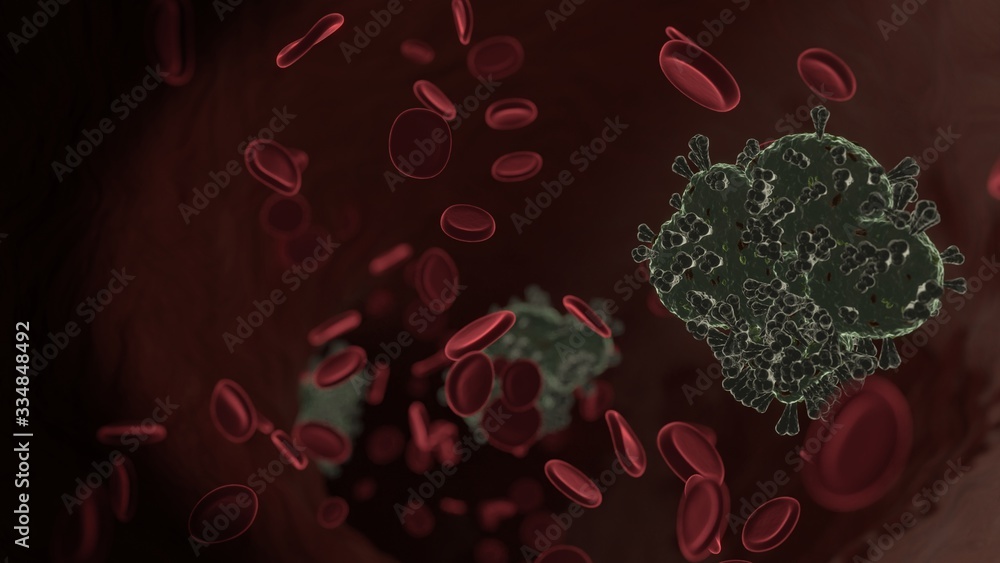 Poster microscopic 3d rendering view of virus shaped as symbol of download from cloud inside vein with red 