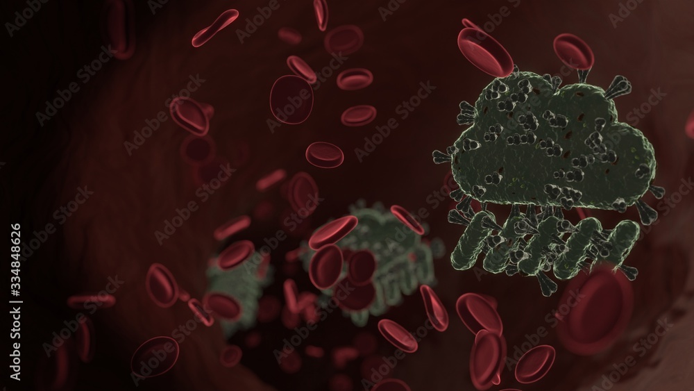 Poster microscopic 3d rendering view of virus shaped as symbol of cloud showers heavy inside vein with red 