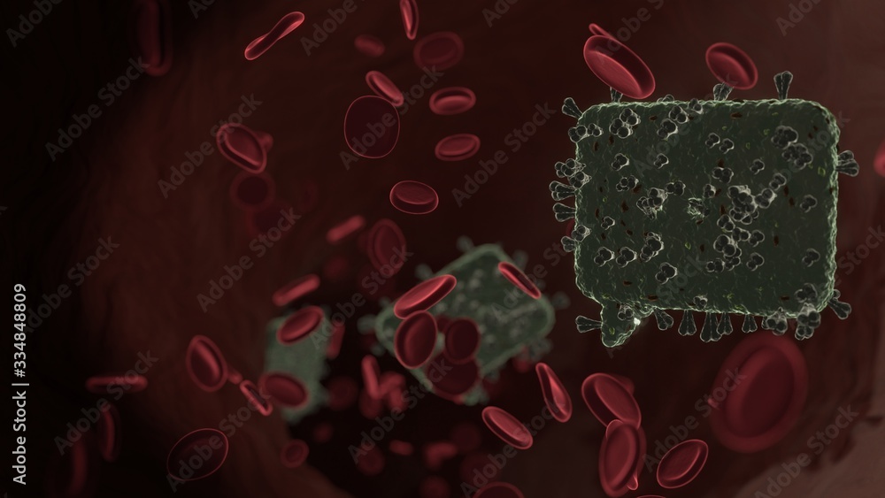 Poster microscopic 3d rendering view of virus shaped as symbol of chat bubble inside vein with red blood ce