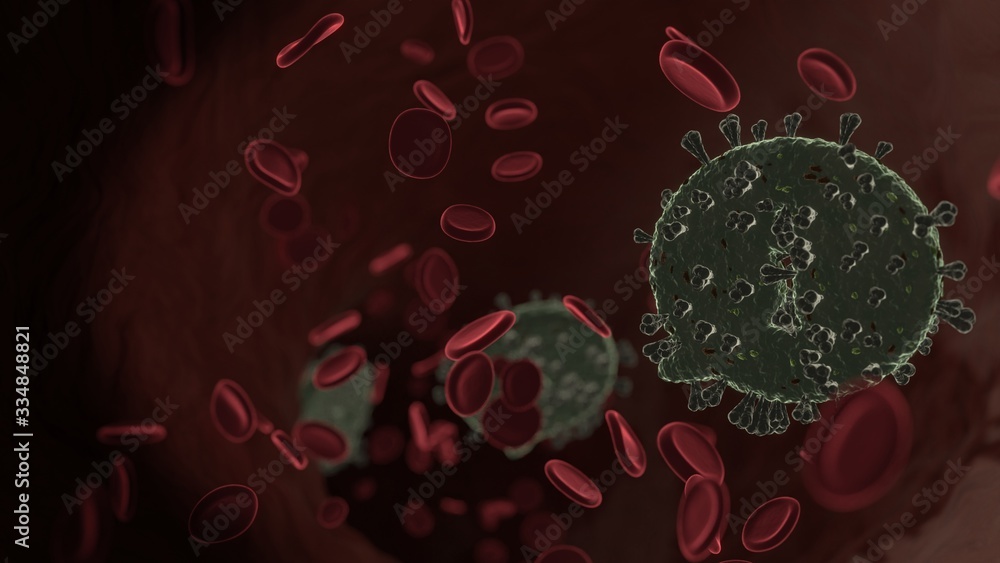 Poster microscopic 3d rendering view of virus shaped as symbol of rounded chat bubbles inside vein with red
