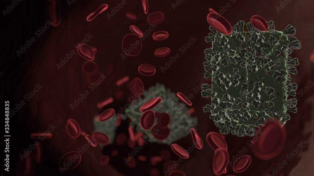 Poster microscopic 3d rendering view of virus shaped as symbol of sealed envelope inside vein with red bloo