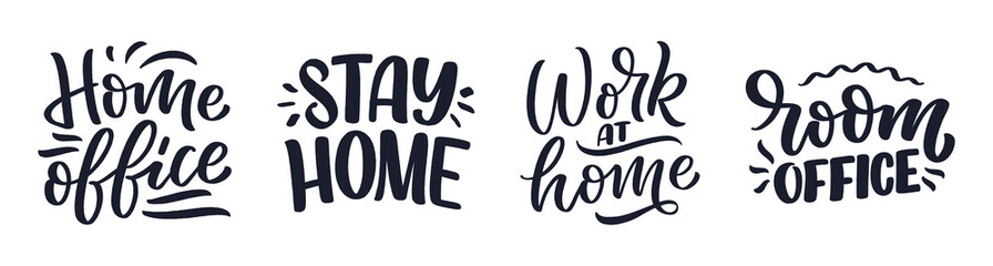 Set with lettering slogans about stay home, typography posters with text for self quarine time. Hand drawn motivation card design. Vintage style. Vector