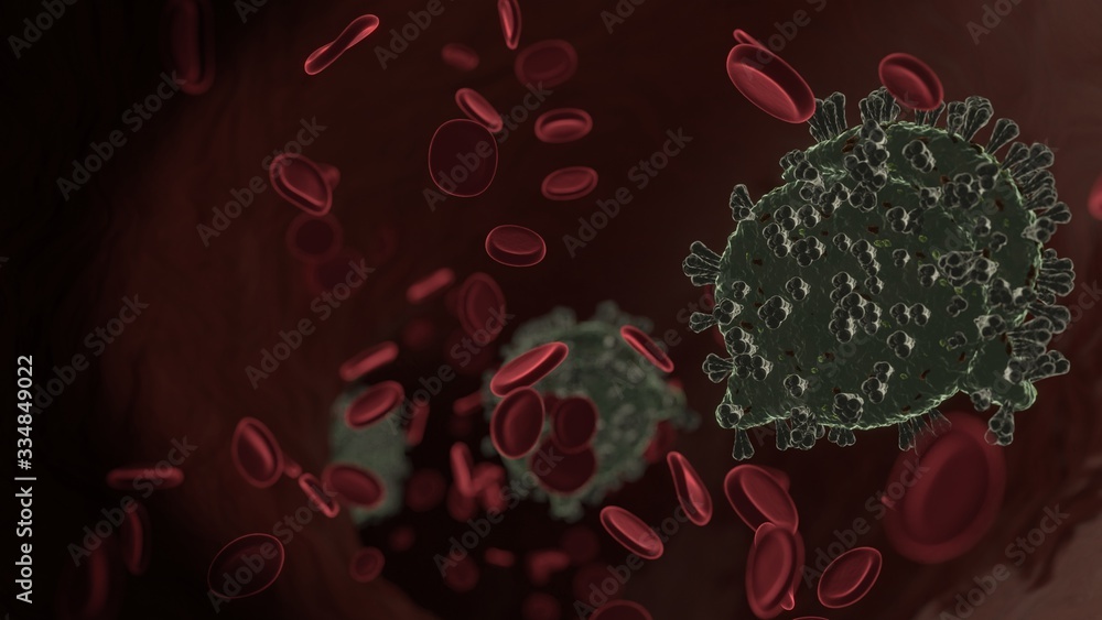 Poster microscopic 3d rendering view of virus shaped as symbol of rounded chat bubbles inside vein with red