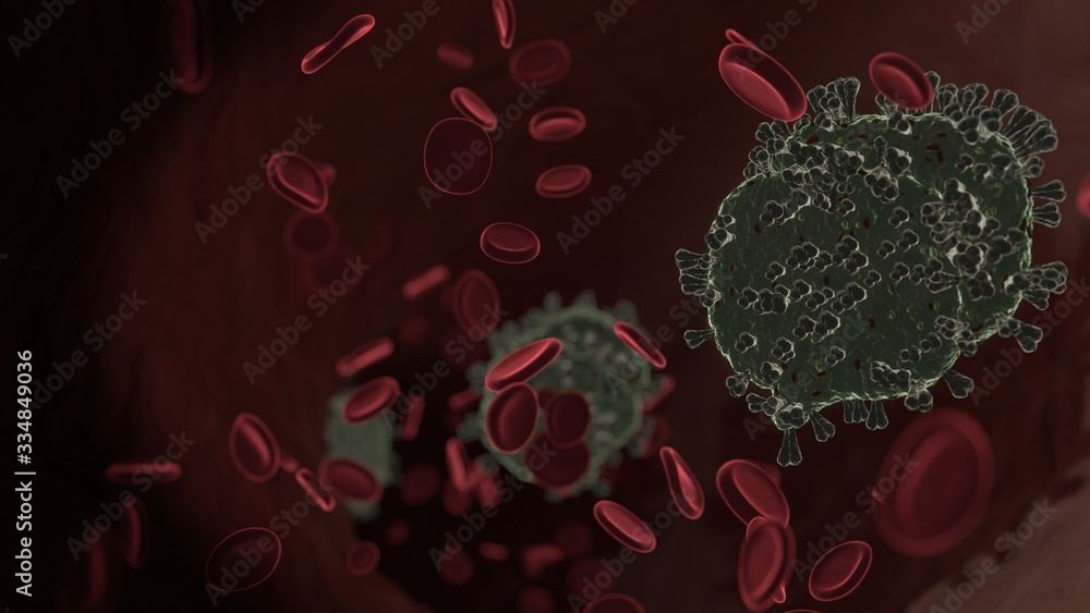 Poster microscopic 3D rendering view of virus shaped as symbol of rounded chat bubbles inside vein with red blood cells