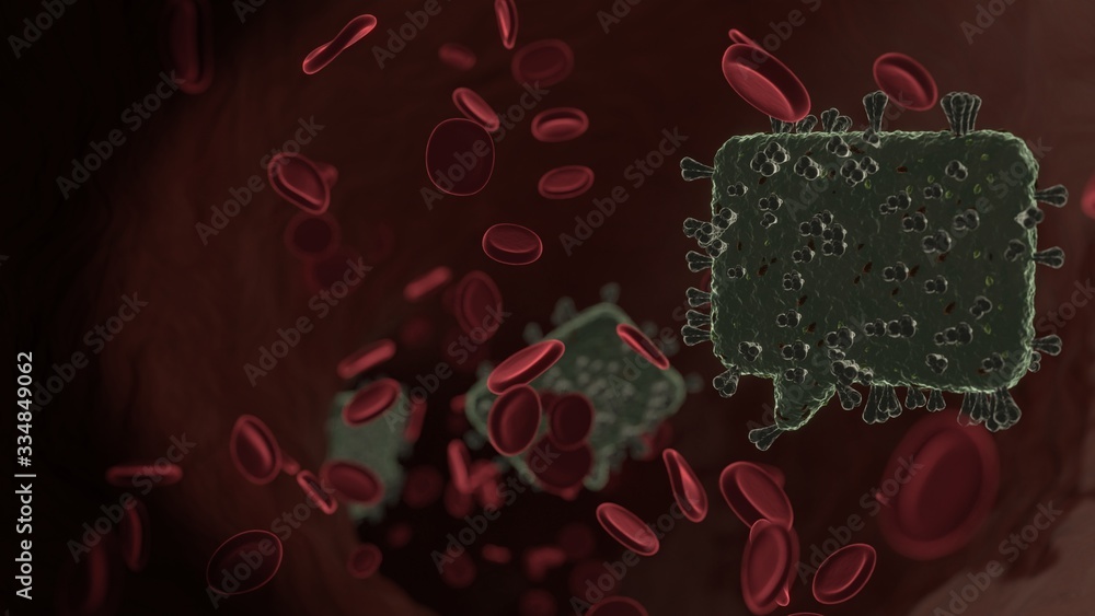 Poster microscopic 3d rendering view of virus shaped as symbol of rounded chat bubble inside vein with red 
