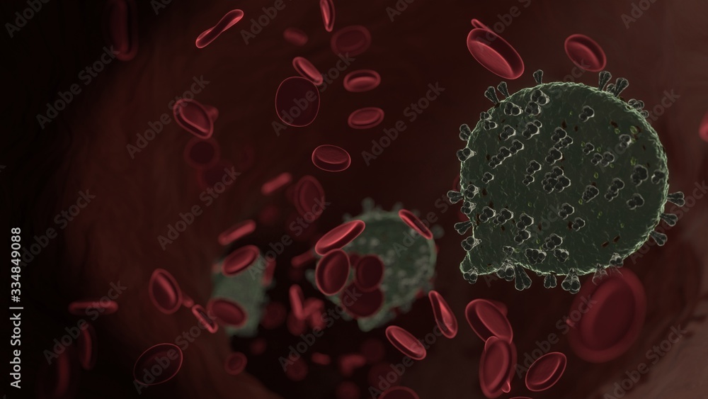 Poster microscopic 3D rendering view of virus shaped as symbol of rounded chat bubble inside vein with red blood cells