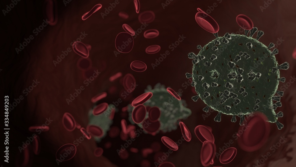 Poster microscopic 3D rendering view of virus shaped as symbol of rounded chat bubble inside vein with red blood cells