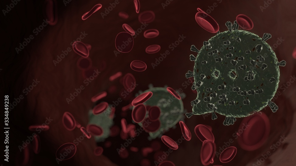 Poster microscopic 3d rendering view of virus shaped as symbol of rounded chat bubble inside vein with red 