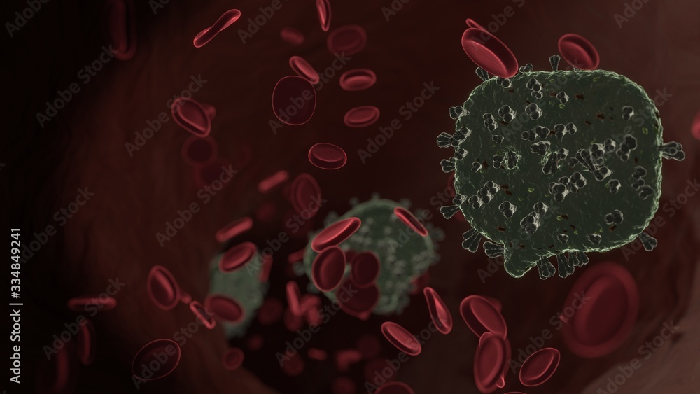 Poster microscopic 3D rendering view of virus shaped as symbol of rounded chat bubble inside vein with red blood cells