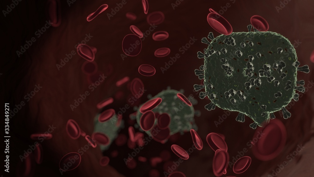 Poster microscopic 3D rendering view of virus shaped as symbol of rounded chat bubble inside vein with red blood cells