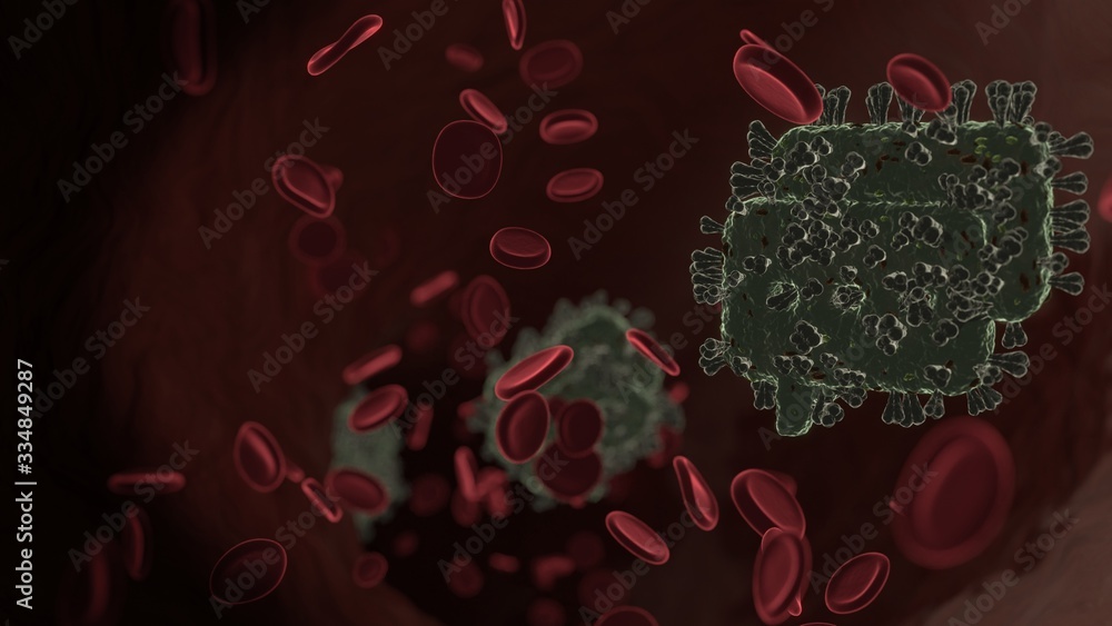 Poster microscopic 3d rendering view of virus shaped as symbol of two rounded chat bubbles inside vein with