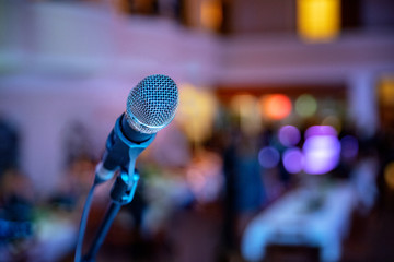 Music event. Microphone close up on stage. Sound mic. Live concert.