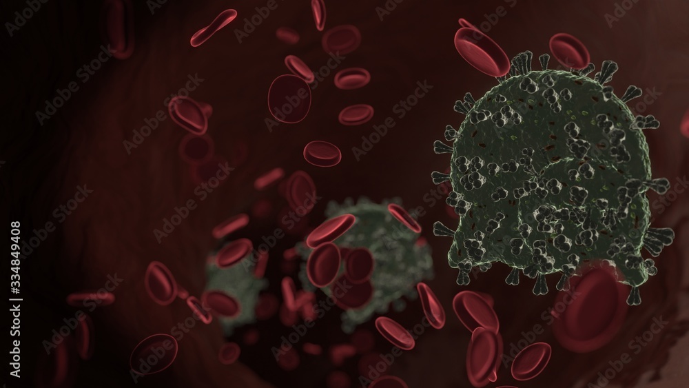 Poster microscopic 3d rendering view of virus shaped as symbol of two rounded chat bubble inside vein with 