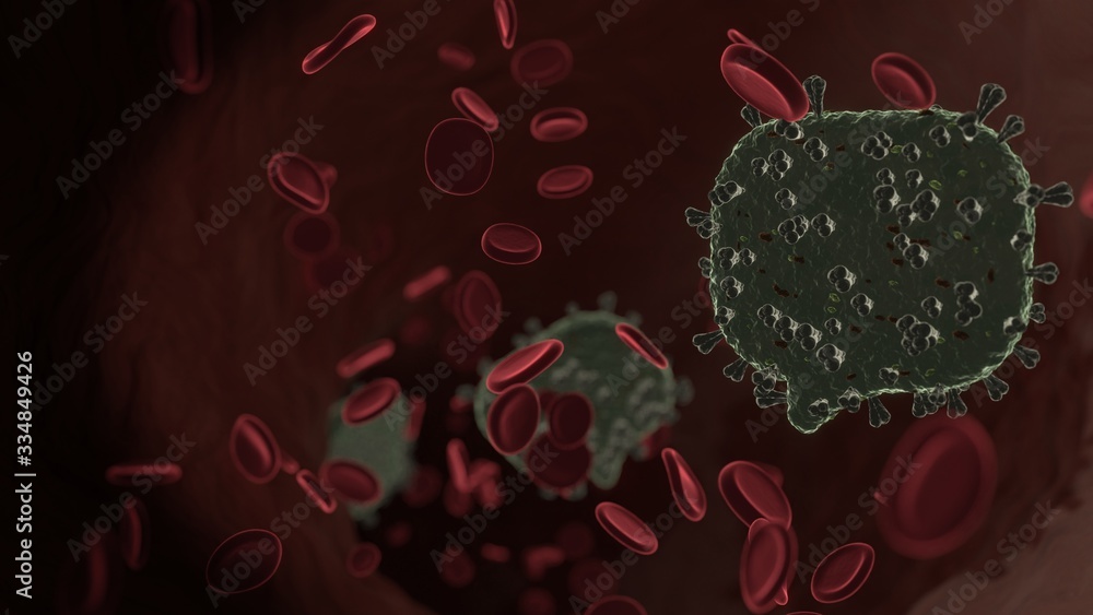 Poster microscopic 3d rendering view of virus shaped as symbol of rounded chat bubble inside vein with red 
