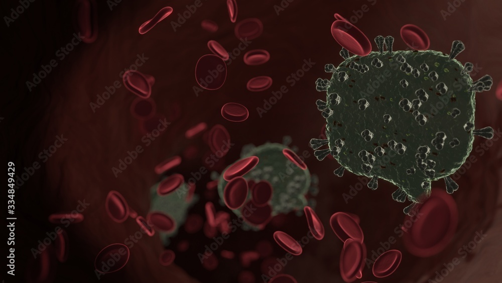 Poster microscopic 3d rendering view of virus shaped as symbol of rounded chat bubble inside vein with red 