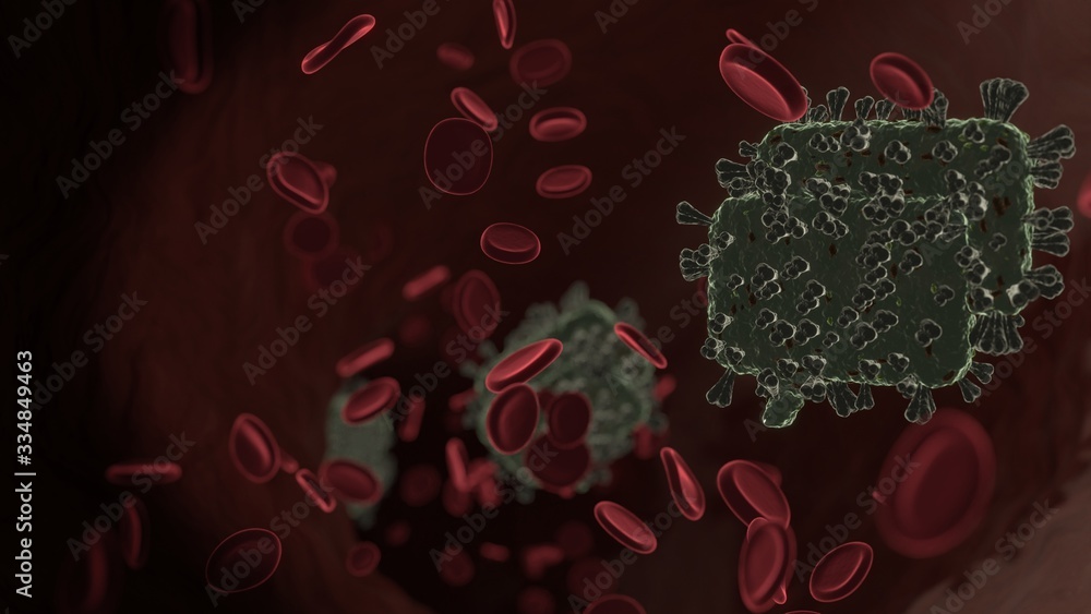 Poster microscopic 3d rendering view of virus shaped as symbol of two rectangular rounded chat bubbles insi