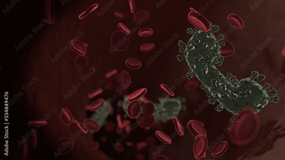 Poster microscopic 3d rendering view of virus shaped as symbol of communication phone inside vein with red 
