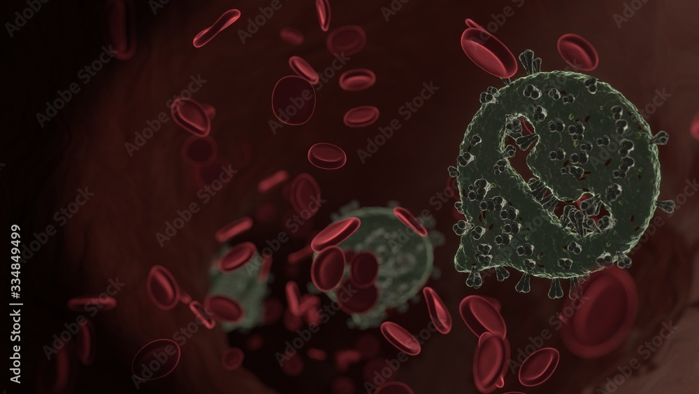 Poster microscopic 3d rendering view of virus shaped as symbol of communication whatsapp inside vein with r