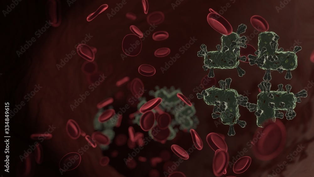 Poster microscopic 3d rendering view of virus shaped as symbol of compress inside vein with red blood cells