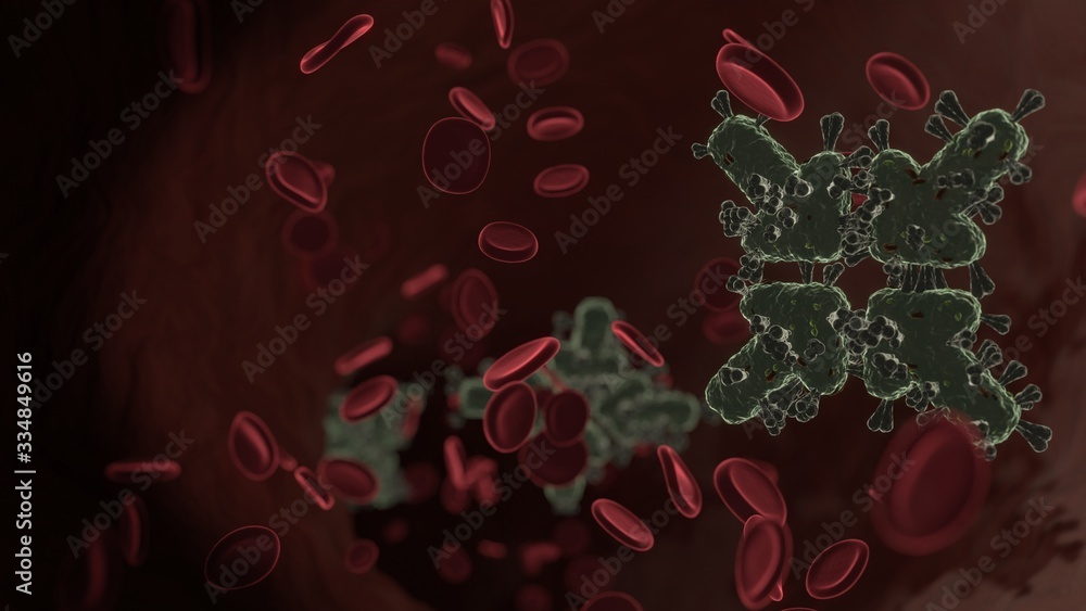 Poster microscopic 3d rendering view of virus shaped as symbol of compress arrows inside vein with red bloo