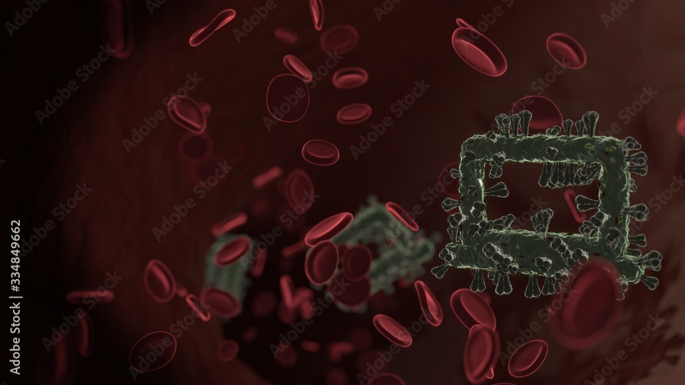 Poster microscopic 3d rendering view of virus shaped as symbol of computer inside vein with red blood cells