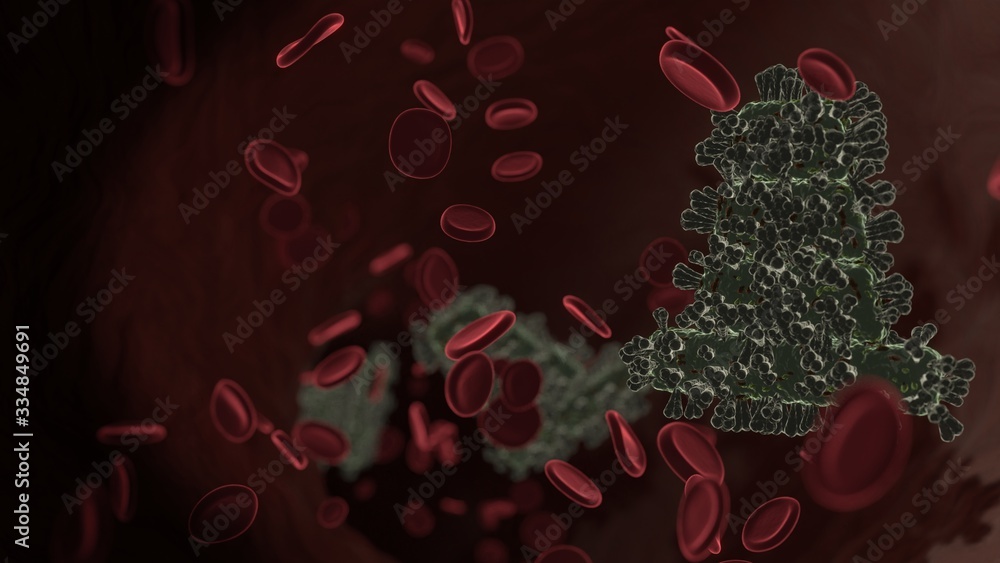 Poster microscopic 3d rendering view of virus shaped as symbol of cone inside vein with red blood cells