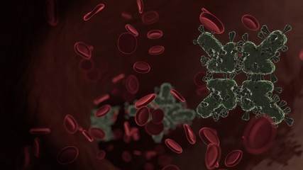 microscopic 3D rendering view of virus shaped as symbol of compress arrows inside vein with red blood cells