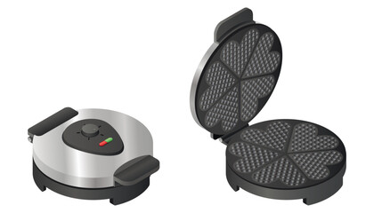 Waffle iron in isometric view. Metallic beautiful large new silver round shape for frying waffles.