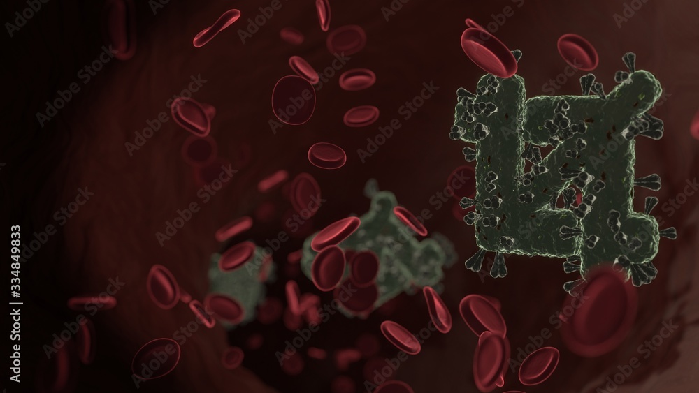Poster microscopic 3d rendering view of virus shaped as symbol of crop inside vein with red blood cells