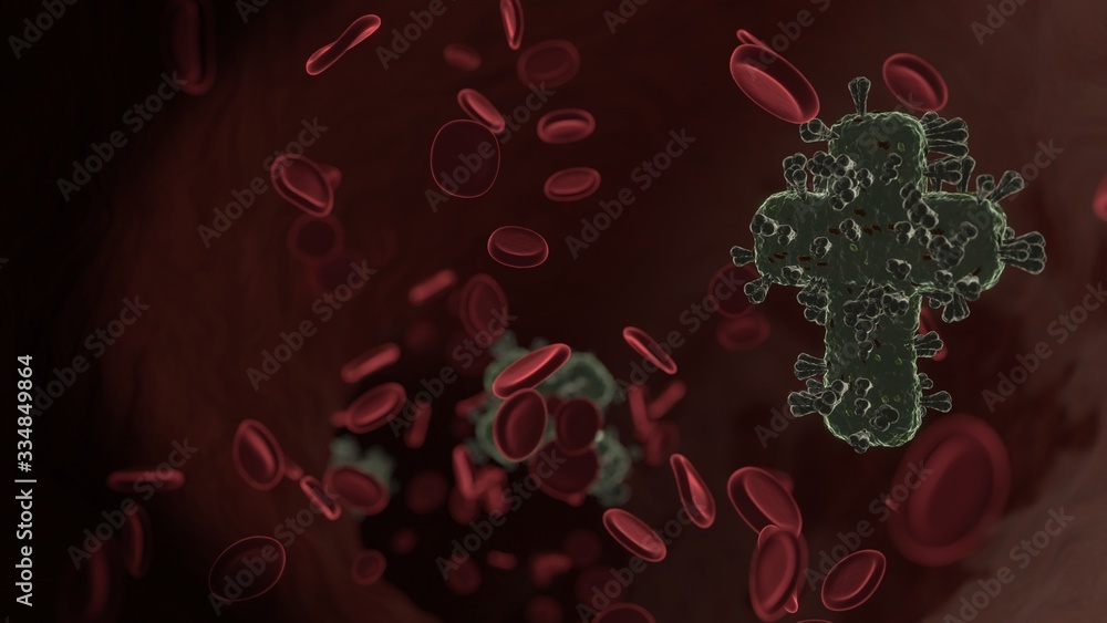 Poster microscopic 3d rendering view of virus shaped as symbol of cross inside vein with red blood cells