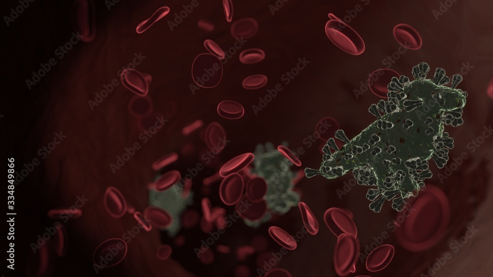 Poster microscopic 3d rendering view of virus shaped as symbol of crow inside vein with red blood cells