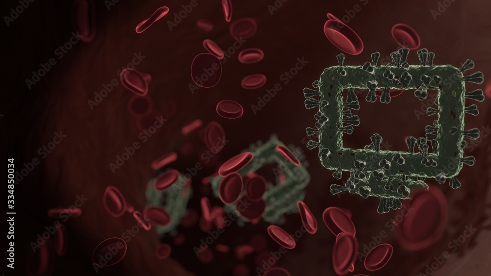 Poster microscopic 3d rendering view of virus shaped as symbol of desktop inside vein with red blood cells